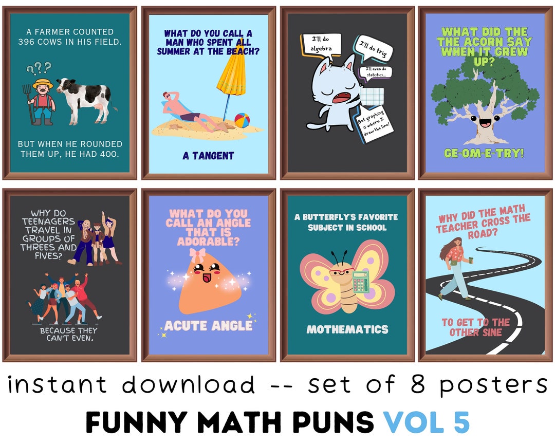 math-puns-posters-set-of-8-printables-vol5-math-classroom-decor-math