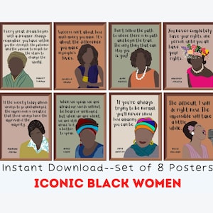 Op de afbeelding: Set van acht printbare posters met iconische zwarte vrouwen en inspirerende citaten. Elke poster toont een portret van een vrouw met een citaat in een spraakballon. De posters zijn in een bruin kader met een witte achtergrond.