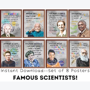 Famous Scientists Posters (Set of 8) Printable, Science Classroom Decor, kids room decor, Motivational Quotes, Science Printable Wall Art