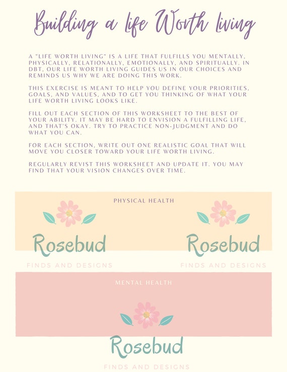 DBT Handout Life Worth Living Worksheet Goal Setting - Etsy