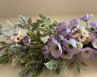 Buttercup Owl Swag– Faux Floral Winter Garland with Frosted Evergreen Pine and Mini Purple Flowers- Over Door Swag Decor