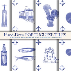 Hand-drawn Portuguese Azulejos digital papers, Portuguese Tiles, 72 files for Scrapbooking, Card Making, Prints, Textures, Patterns