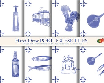 Hand-Drawn Portuguese Azulejo Tile Patterns: Scrapbooking Papers (Digital Download)