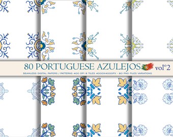 Portuguese Azulejo Tile Clipart: Blue & Yellow Patterns (Digital Files)