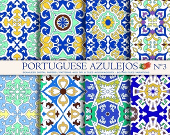 Portuguese Azulejo Tile Patterns: Blue & Yellow Digital Clipart (80 Files)