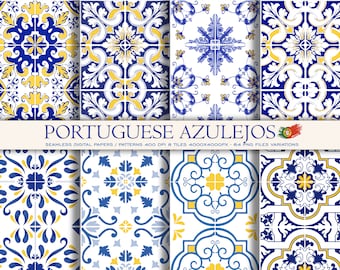 Portuguese Azulejo Tile Digital Paper: Blue & Yellow Patterns (Digital Clipart)