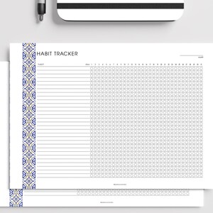 Monthly Habit Tracker Printable, Habit Tracker Template, Routine Tracker, 30-Day Habit Challenge, Azulejo Theme, Instant Download