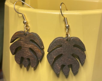 Lightweight Monstera leaves wooden earrings