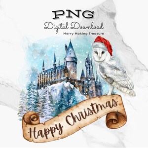 Frohe Weihnachten Winter Schloss PNG|Weiße Eule|Karte|Sublimation Clipart |digitaler Download |Ideal für Handwerk|Weihnachts Geschenke|Shirts, Aufkleber, Tassen