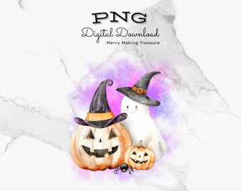 Watercolor Pumpkins and Ghost with Witch Hats - Halloween PNG Clipart (Digital Download)