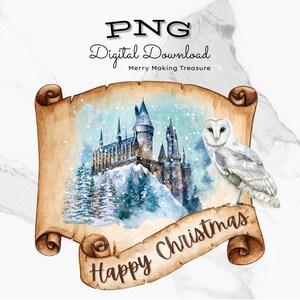 Frohe Weihnachten Winter Schloss PNG|Weiße Eule|Karte|Sublimation Clipart |digitaler Download |Ideal für Handwerk|Weihnachts Geschenke|Shirts, Aufkleber, Tassen