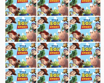 May include: A set of 12 Toy Story themed party favor stickers. Each sticker features a blue background with the text "It's a Boy Story" in white and red. The stickers feature characters from the Toy Story movies, including Woody, Buzz Lightyear, Jessie, and Rex.