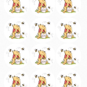 May include: Nine illustrations of Winnie the Pooh holding a pot of honey with bees flying around him. The text "Hunny" is written on the pot of honey.