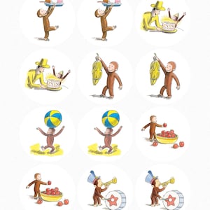 May include: A collection of circular stickers featuring illustrations of a brown monkey in various poses. The monkey is shown holding a cake, bananas, a ball, apples, and playing a drum and trumpet. The illustrations are in a cartoon style.
