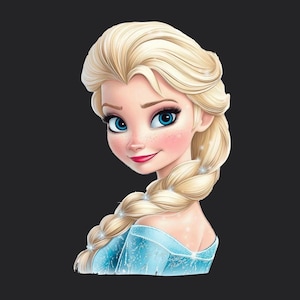May include: Illustration of a smiling woman with blonde hair styled in a side braid. She has blue eyes, pink lips, and a light blue dress. The background is black.