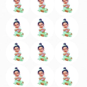 May include: A sheet of circular stickers featuring a cartoon princess in a light green dress. The princess has dark hair and is holding a small object. The stickers are on a white background.