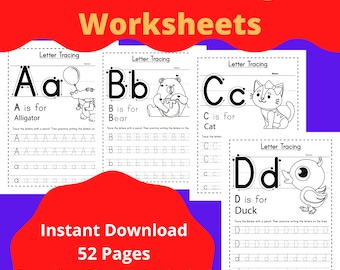 May include: Black and white printable letter tracing worksheets for kids. The worksheets feature uppercase and lowercase letters A, B, C, and D with a picture and word for each letter. The text says "Letter Tracing Worksheets" and "Instant Download 52 Pages Practice Sheets Included".
