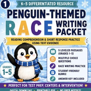 May include: A digital download K-5 differentiated resource with a penguin theme. The packet includes reading comprehension and short response practice. The cover features a cartoon penguin wearing a blue scarf, with the text "RACE Writing Packet."