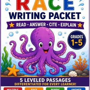 May include: A colorful educational poster titled "OCTOPUS RACE WRITING PACKET." It features a purple octopus illustration with text that reads "READ ANSWER CITE EXPLAIN." The poster is designed for grades 1-5 and includes multiple choice, race writing, rubric, and answer keys.
