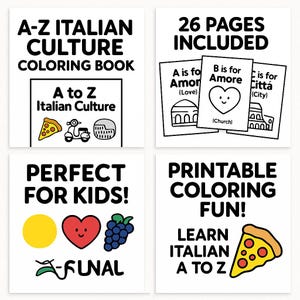 Puede incluir: Libro para colorear A-Z Cultura Italiana con el texto "A a la Z Cultura Italiana". La imagen incluye ilustraciones de pizza, un scooter y un edificio. La imagen también incluye el texto "¡Perfecto para niños!" y "¡Diversión para colorear imprimible!"