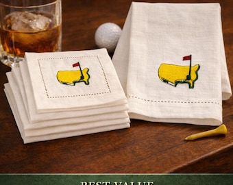 Golf Cocktail Napkins Set | Embroidered Linen Hand Towel | Augusta Hosting Decor