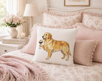 Faux Suede Square Pillow with Golden retriever holding a expresso martini