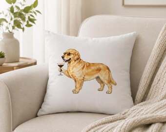Faux Suede Square doubled sided Pillow with Golden retriever holding and expresso martini