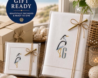 Personalized Heron Linen Napkins & Towel Set | Coastal Hostess Gift Monogram Cocktail Napkins