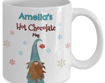 Personalized child's gnome cocoa mug, Custom ceramic hot chocolate cup for kids, kids holiday mug gift for her gift for him gift for child
