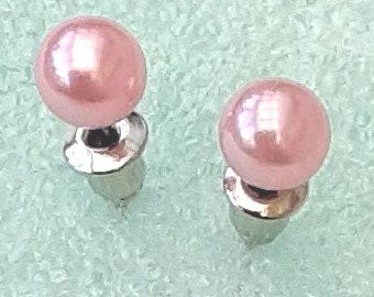 Pretty 8mm Palest Pink Pearl Stud Earrings with Stainless Steel Backs.