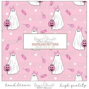 Rosa Halloween Nahtlos | Mädchen Halloween Nahtlos | Pink Geist Nahtlos | Geist mit Bogen Nahtlos | Kommerzielle Nutzung Nahtlos
