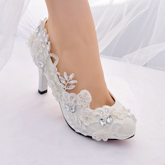 Lace White Wedding shoes Rhinestones pearl  Bridal low high heel pump Size 4-10 