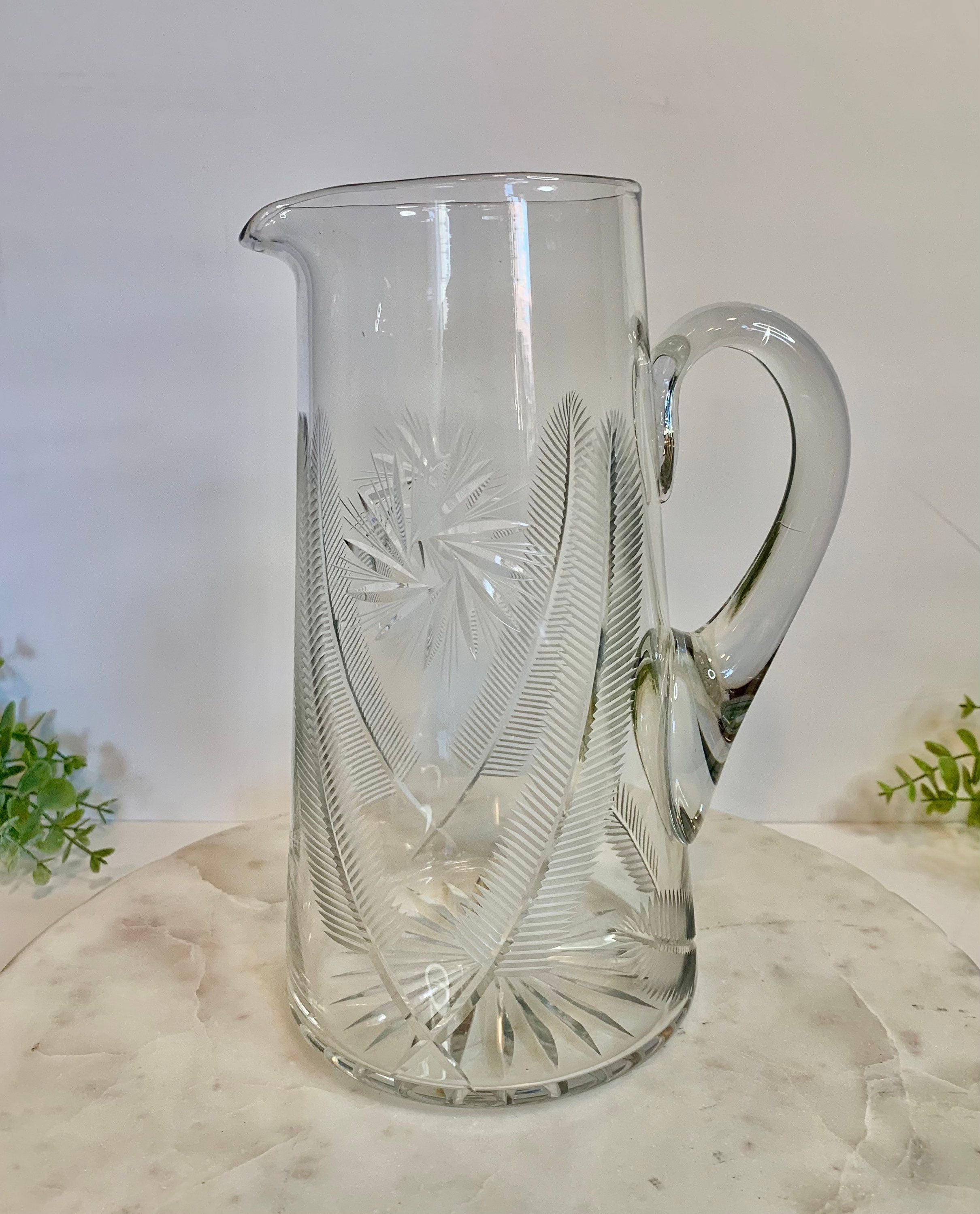 Vintage Etched Glass Cocktail Pitcher / Etched Glass Carafe with Stirr –  feastvintage