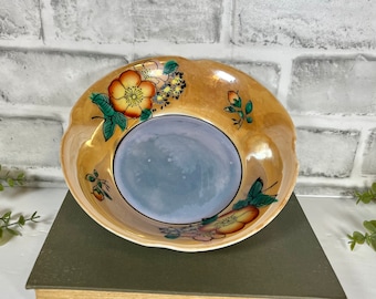 Vintage Japanese Peach Lusterware decorative hand painted floral bowl