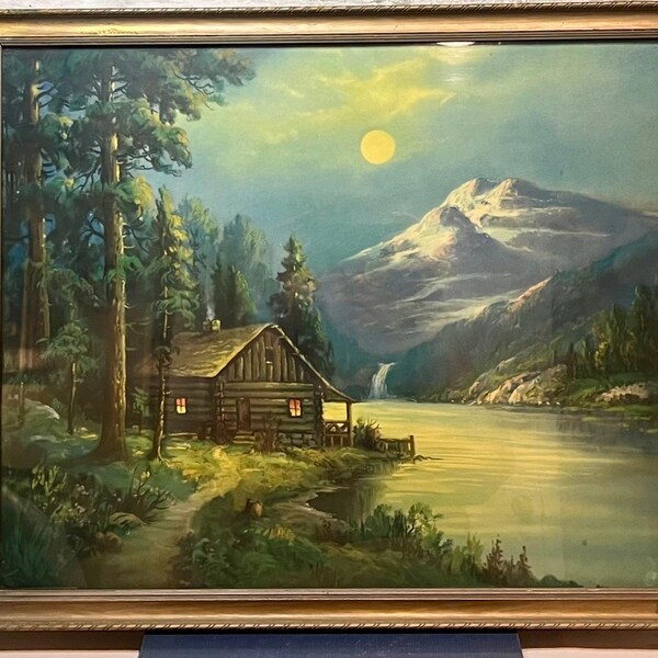 Litografía vintage de cabaña de montaña de 22 x 18" con marco dorado