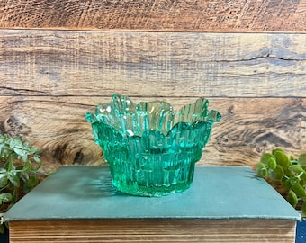 Vintage Dalzell-Viking Green Glass Ice Votive Candle Holder | Vintage Viking Glass Green Bowl