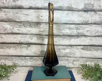 Vintage Viking Glass Epic Swung Vase in Amber / Smoke Glass | Viking Glass Epic Ribbed Column Brown Glass Swung Vase