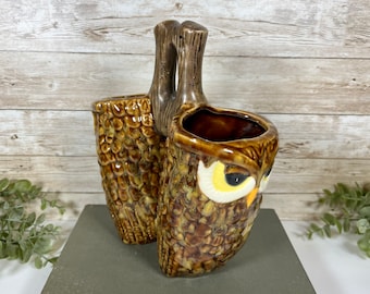 Vintage Owl Ceramic Double Owl Planter | Ceramic Two Owl Caddy