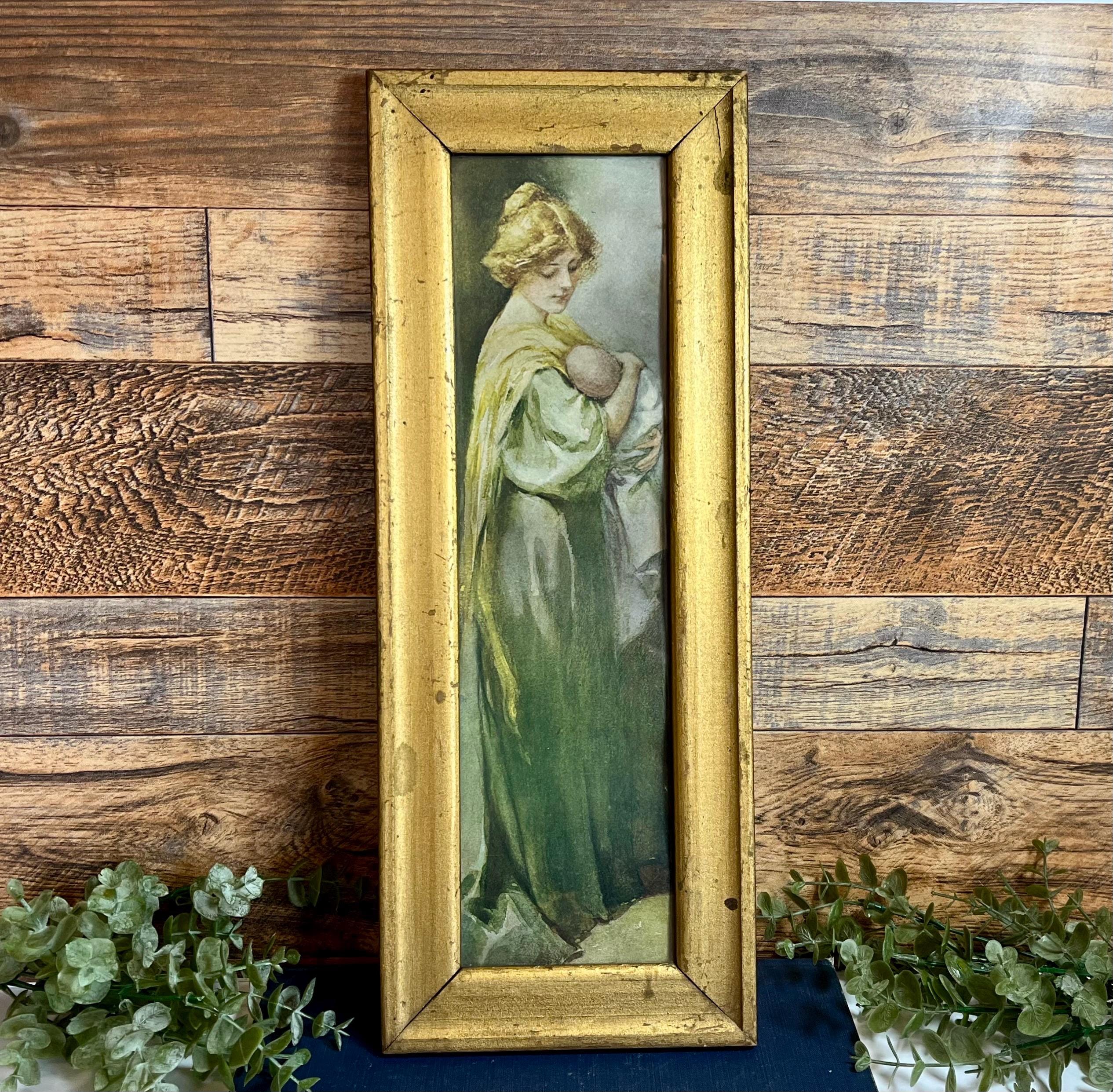 Vintage Aged Gold Framed lithograph of Young Mother by Strumm