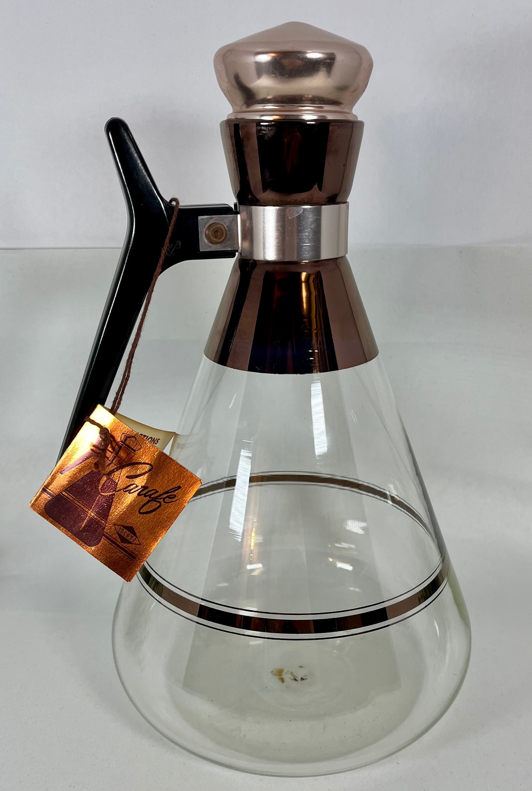 Vintage Glass Carafe Coffee Pot Urn Brown Copper Trim Mid-Century Modern  Kitsch