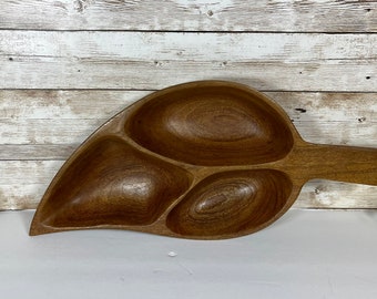 Vintage Divided Wooden Leaf Trinket Tray