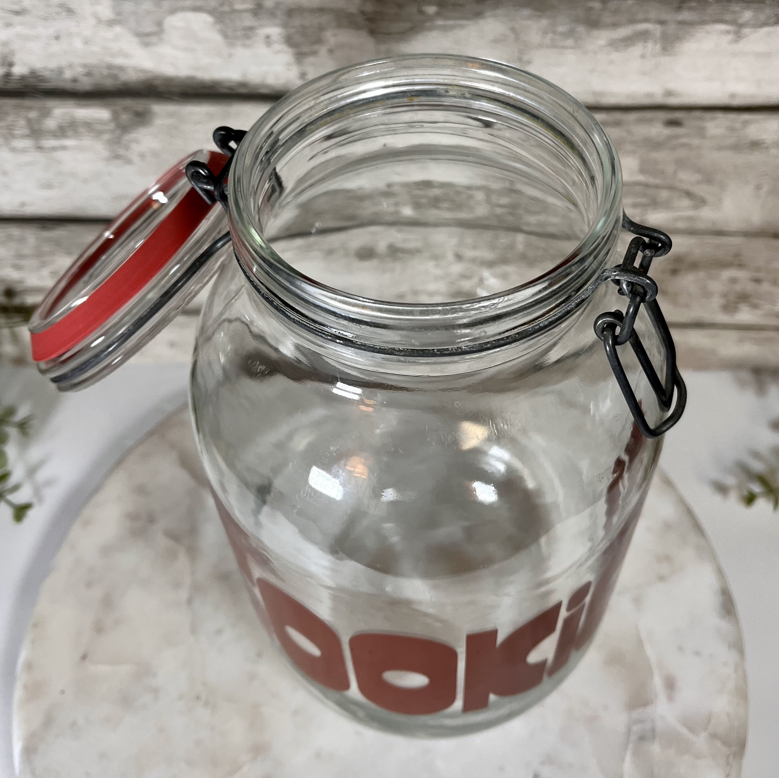 Vintage 70's Clear Glass Cookie Jar W/ Reddish/Orange 3L CARLTON Halloween  retro