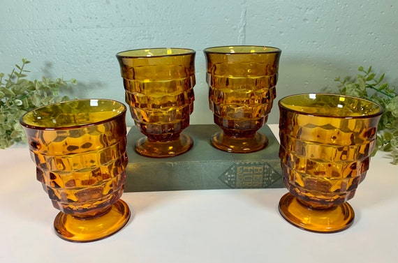 Set of 4 Vtg Indiana Amber Glass Colony Whitehall Cubist Juice Glasses 4 1/4" 