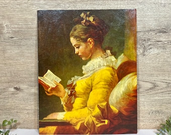 Vintage Unframed Lithograph on Board of Young Girl Reading - 14” x 11”