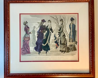 May include: A vintage illustration of women in fashionable winter attire ice skating on a frozen lake. The image is from the December 1883 issue of Peterson's Magazine, titled "Les Modes Parisiennes: Skating Party".