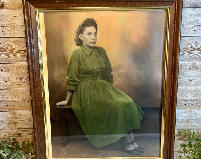 Featured listing image: Original vintage framed 1940s portrait of sitting woman in green dress