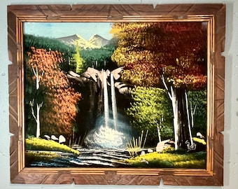 Vintage Velvet Landscape Oil Painting in Carved Wood Frame