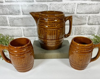 Vintage Ceramic Brown Barrel Pitcher and Mugs | 1970s Retro Ceramic Beer Pitcher and Mug Set