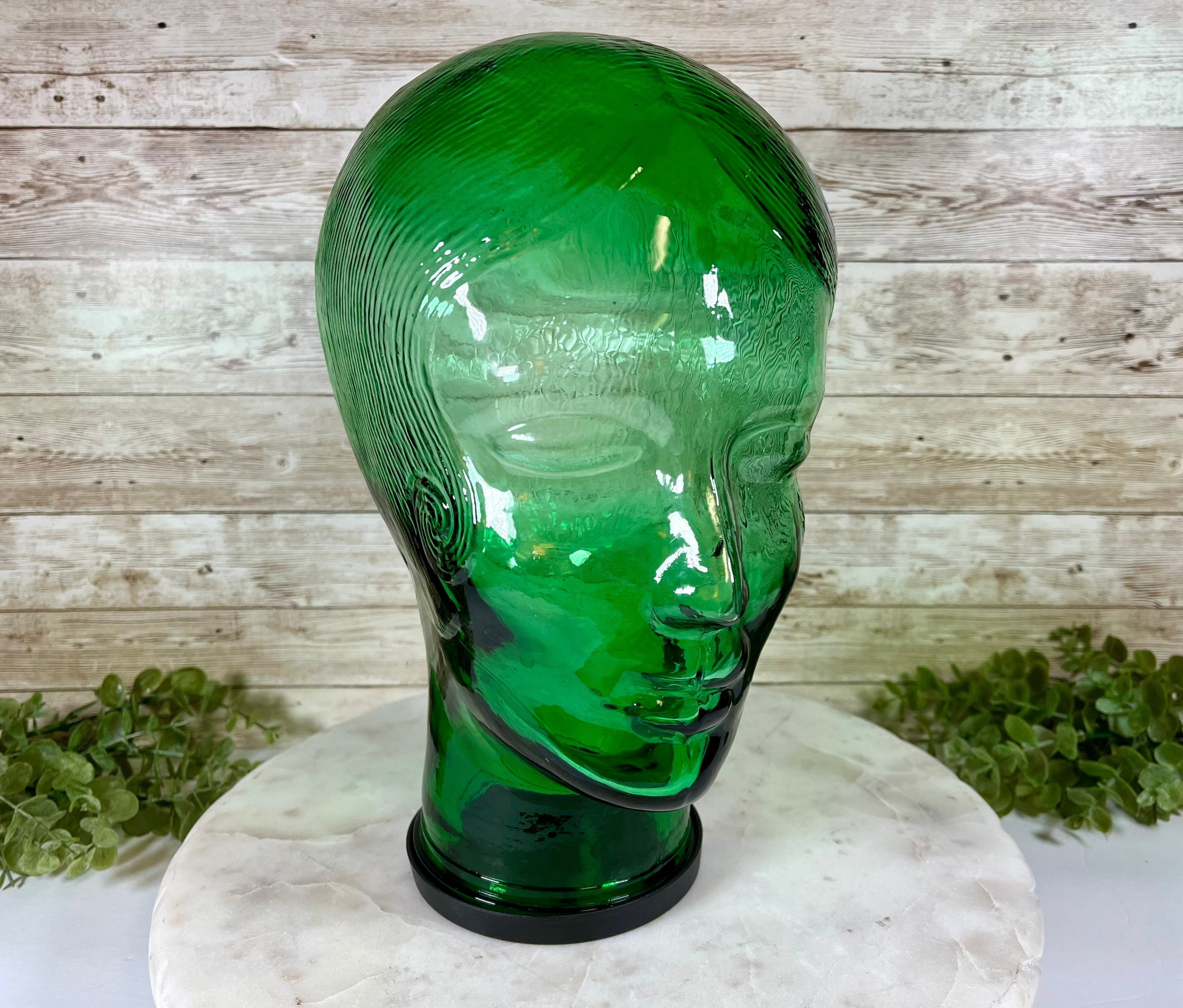 Green Glass Display Head with 20s Flapper Hairstyle Green Glass