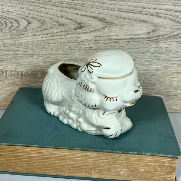 Vintage Ceramic White and Gold Poodle Planter